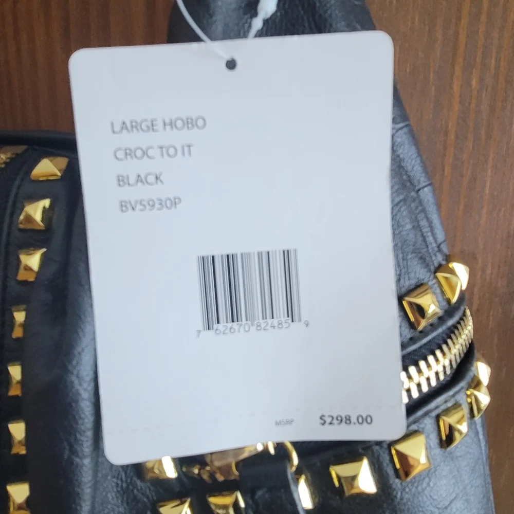 Betsey Johnson Large Hobo Croc To It Black and Gold Studded Women's Bag - Picture 3 of 12